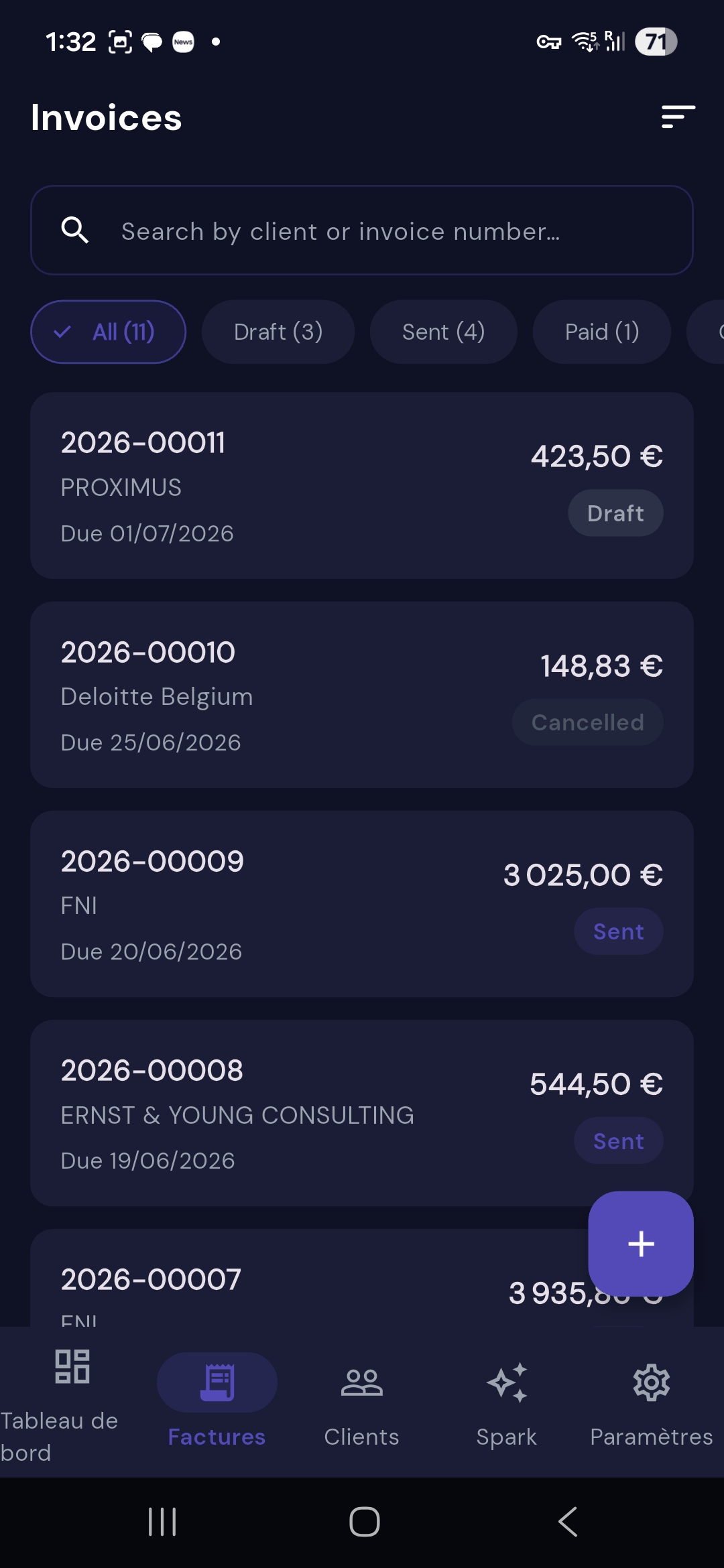 Snapfact invoice list on mobile